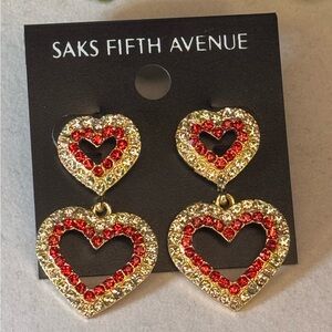 Saks Fifth Avenue Gold Tone Dangling Heart  Red Crystal Post Earrings 1.5in